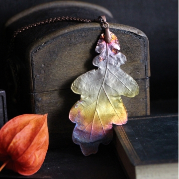 Oak leaf with rainbow patina - pendant